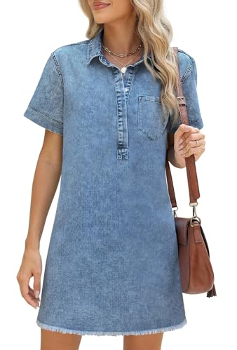 Image of Women's Denim Dress for Women Cute Blue Babydoll Denim Shirt Dress Denim Dress with Pockets