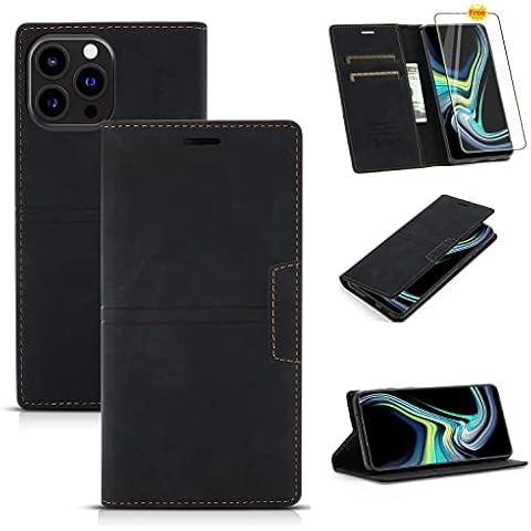 Case for iPhone 13 Pro Max Plus Case with Card Holder Black PU Leather Case Wallet Flip for Apple iPhone 6.7 Inch With Tempered Glass Cover
