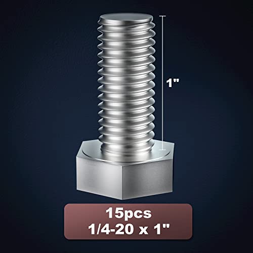 Image of 1 /4-20 x 1 (5 /8 to 5 inch Optional) Hex Head Screw Bolt, Stainless Steel 18-8(304), Fully Threaded,15pcs