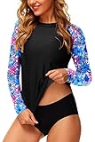 Deerose Women's UPF 50+ Swim Top Floral Print Long Sleeve SPF Tropical Rash Guard Swimsuit M Blue Leaves