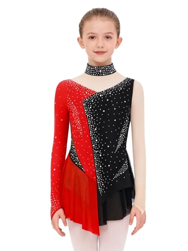 JEATHA Maillot De Danza Baile Brillantes Niñas Leotardo Gimnasia Rítmica Manga Larga Vestido De Danza Pantinaje Artístico Rojo 13-14 años
