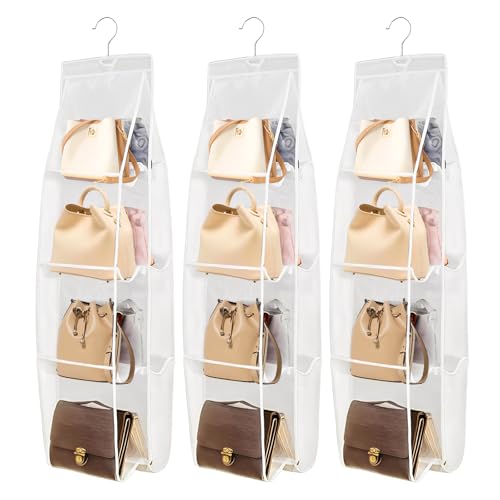 LDXDRU 3 Stücke Handtaschen Organizer zum Aufhängen, Transparent Hängend Handtasche Aufbewahrung, 8-Taschen Kleiderschrank Organizer Faltbarer, für Familienschrank, Schultertasche 117H*35W (Weiß)