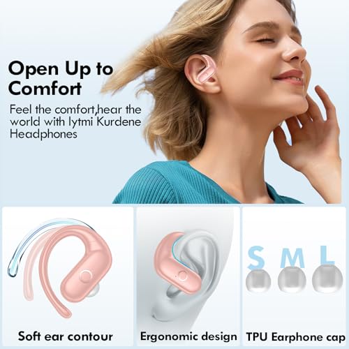 Image of kurdene Wireless Earbuds Bluetooth Headphones Sport,Over Ear Buds with Deep Bass Sound,60Hrs Playtime Earphones Redesigned Comfort Fit with Earhooks for Running,Meeting,Workout-Pink