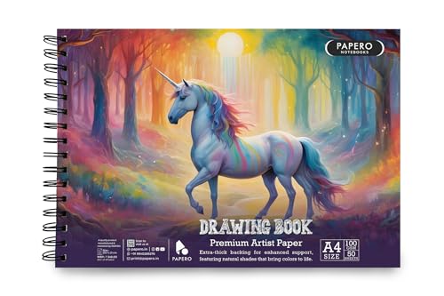 Image of PaperO A4 Sketch Book for Drawing | 100 GSM Thick Paper | 100 Pages(50 Sheets) | Spiral Wire-O Bound | Art Sketching for Artists, Kids & Adults | Unicorn Cover Design