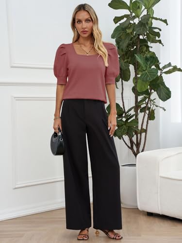Image of Womens Puff Short Sleeve Sweater Tops Square Neck Casual Knit Pullover