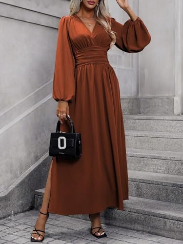 Women's 2025 Spring Fall Dress Lantern Sleeve Ruched Slit Dress4