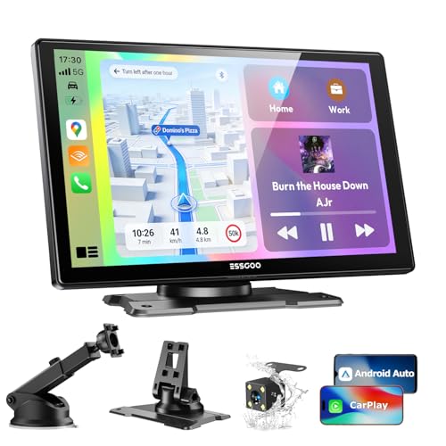 ESSGOO Carplay Android Auto Display mit Rückfahrkamera 9 Zoll Carplay Bildschirm für Apple/Android Auto/AirPlay/Mirror Link Wireless Touchscreen GPS Navigation mit Bluetooth5.3 AUX FM Sprachassistent