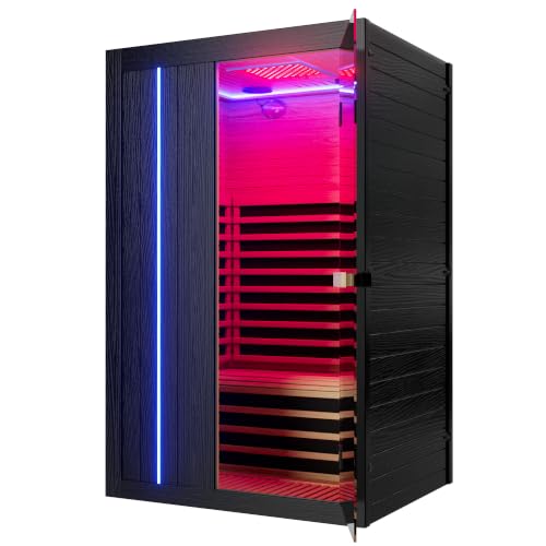 Image of 2 Person Low EMF Infrared Sauna with 9 Heating Panels for Home | 12 inch*12 inch Red Light Therapy, 120V - 2030W Indoor Dry Sauna, Bluetooth Speakers & Ambient Lighting, Canadian Hemlock