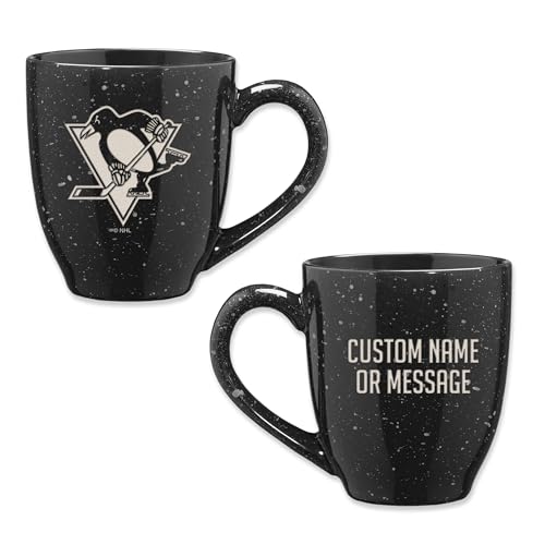 Image of Rico Industries NHL Hockey Pittsburgh Penguins Black Personalized 16 oz Team Color Laser Engraved Speckled Ceramic Coffee Mug