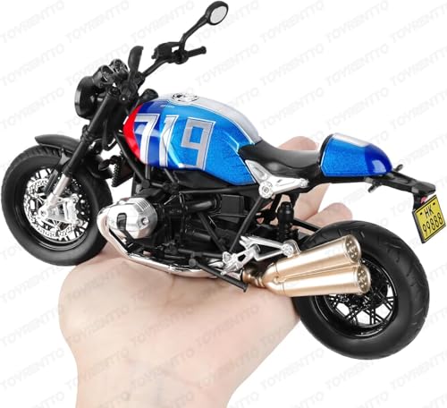 Image of 1:12 Scale BMW R NineT Die-Cast Bike Model with Light & Sound - Pull Back Toy Motorcycle for Kids & Collectors Blue