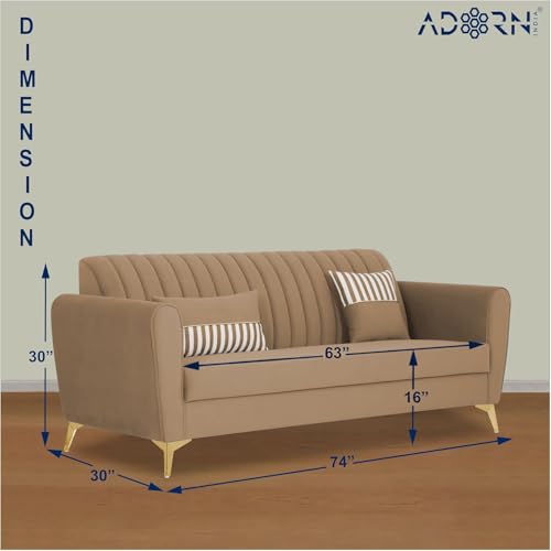 Image of Adorn India Premium Luster 3 Seater | Velvet Suede Fabric | 3-Year Warranty | Color Camel with Golden Legs & Striped Pattern Cushion