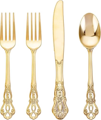 Joyido 40PCS Gold Plastic Silverware - Heavy Duty Elegant Disposable Utensils - Gold Plastic Cutlery Set Includes 20 Forks 10 Spoons 10 Knives for Dinner Parties Weddings