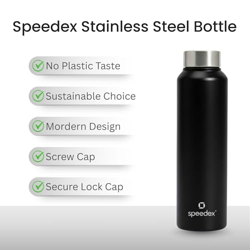 Image of Speedex Stainless Steel Water Bottle 1 Ltr, Leak Proof Screw Cap, BIS Approved 1000 ml Metal Bottle For Daily, Office, School, Gym, Travel Use for Men, Women, Kids, Adults, Black, Set of 1