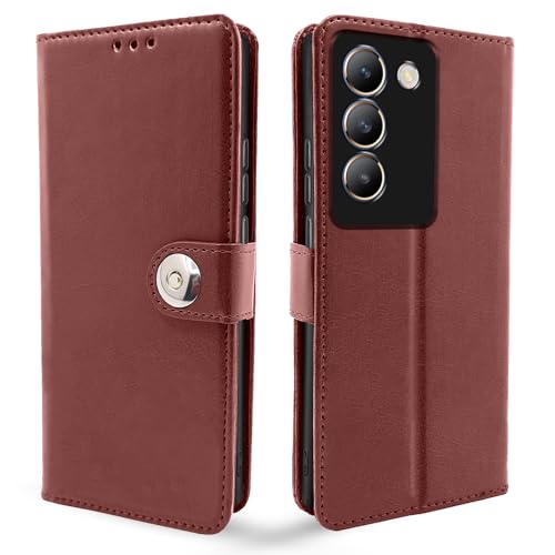 Image of Pikkme Vivo T3 5G / Vivo Y200e 5G Flip Cover Leather Finish | Inside TPU with Card Pockets | Wallet Stand and Shock Proof | Complete Protection Button Flip Case (Brown)
