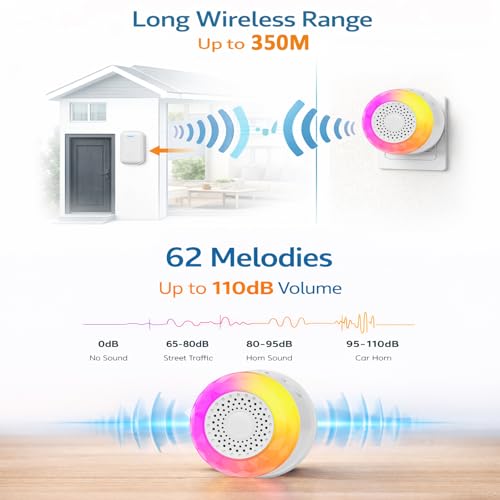 Image of Wireless Doorbell with Safety Alarm & Night Light for Home and Office, Upto 350M Range with 62 Chimes, Diamond Shape, 6 RGB LED modes, 4 Level Volume, Calling Bell (Transmitter & Receiver)
