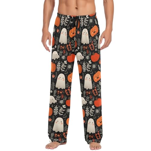 Men’s Cute Ghosts Pumpkin Pajama Pants with Pockets, Comfortable Lounge Sleep Bottoms#475
