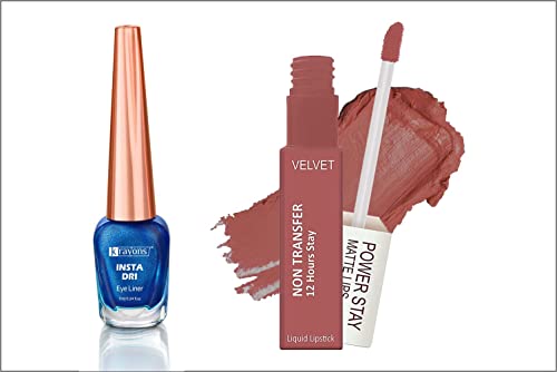 Image of Krayons Insta Dri Sparkling Eyeliner, Blue, 7ml And Power Stay Nontransfer 12hrs Stay Matte Liquid Lipstick, Wow Nude, 4ml