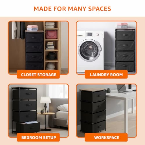 Image of amazon Basics Fabric Chest of 4-Drawer, Iron Tube Frame & MDF Top, Non-Woven /Polypropylene, Lightweight Storage Organizer for Clothes, Bedroom, Entryway & Laundry - Black (40L x 30W x 90H CM)