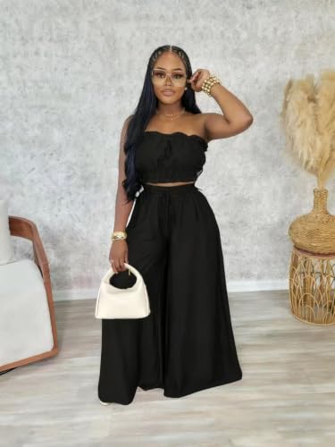 Image of Two Piece Sets for Women Summer Outfits Crop Tops and Wide Leg Pants Sets Sexy Jumpsuits Vacation Outfits with Pockets