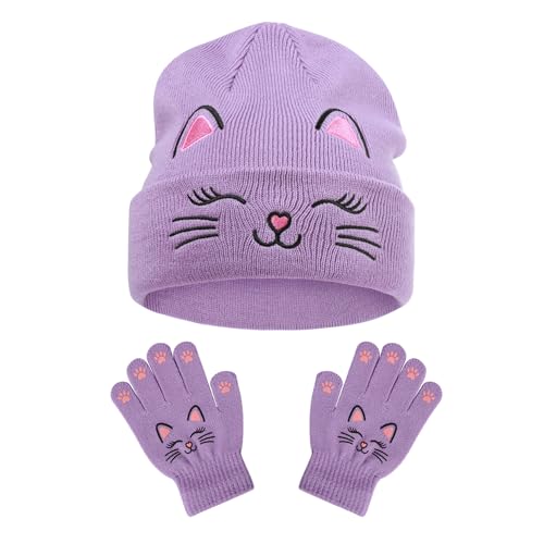 BEARAE Winter Beanie Hat Glove Set, Cute Cat Winter Hats with Gloves, Cold Weather Knitted Beanies Hats for Girls 3-12T