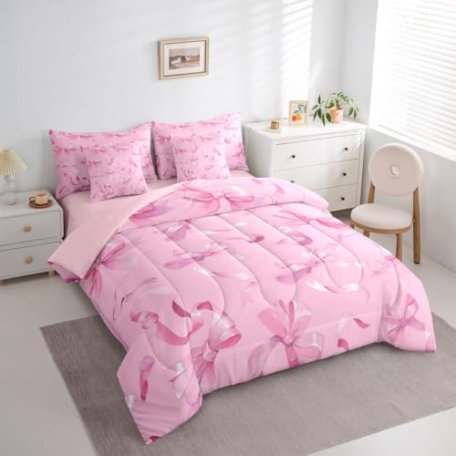 Image of Princess Bow Bed in a Bag King Size Comforter Set 7-Piece | Kawaii Bow Tie Bedding Sets Pink Bowknot Comforter and Sheet Set, Dreamy Ribbon Bow-Tie Room Decor