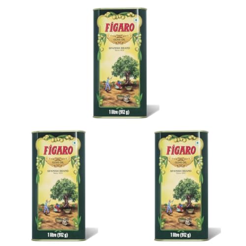 Image of Figaro Olive Oil- Pure Olive Oil-Daily Cooking Oil- Perfect for Indian Dishes- Curries, Gravy- Imported from Spain- 1L Tin (Pack of 3)