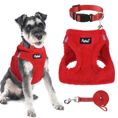 PUPTECK Adjustable Dog Harness Collar and Leash Set Step in No Pull Pet Harness for Small Medium Dogs Puppy and Cats Outdoor Walking Running, Soft Mesh Padded Reflective Vest Harnesses, Red M