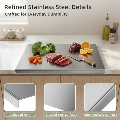 Tablas de corte de acero inoxidable para cocina con borde para encimera, tabla de picar pesada para carne, verduras y frutas, tabla duradera de amasar reversible para repostería miniatura 3