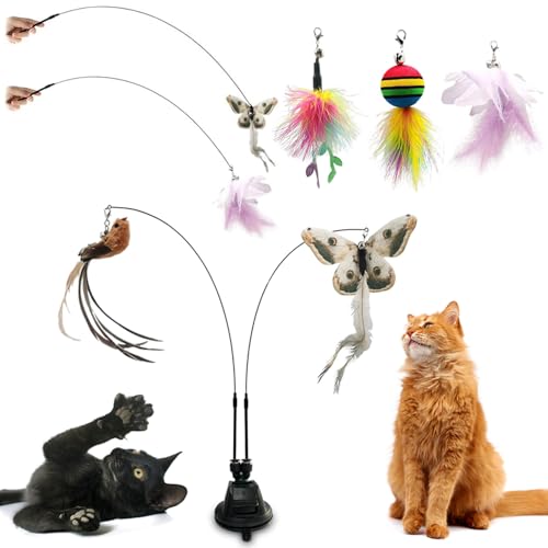 ZDQC Katzen Glocken Zauberstab,Katzenangel Saugnapf,Katzenangel mit Federn und Glöckchen,Katzen Glocken Zauberstab,Interaktives Katzenspielzeug Federn (Schmetterling + Vogel)