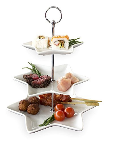 Etagere Stern 3 stufig Porzellan weiß ca.32cm Servierständer Tortenständer Obstetagere Dekoetagere Küchenetagere Knabberzeug als Obstteller und Servierplatte, Servierteller Dessertteller runden Schalen Cover