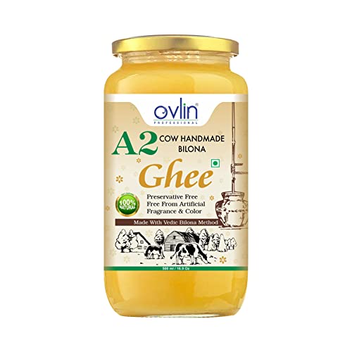 Image of Ovlin Professional Organic A2 Pure Ghee 100% Desi Gir Cow Vedic Bilona Method Grassfed Cultured Traditional Ghee Glass Bottle (500 Ml)