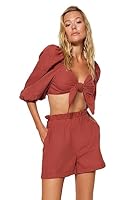 TRENDYOL Damen Einfarbig Gewebt Zweiteiler Set Hemd, Zimt, 62