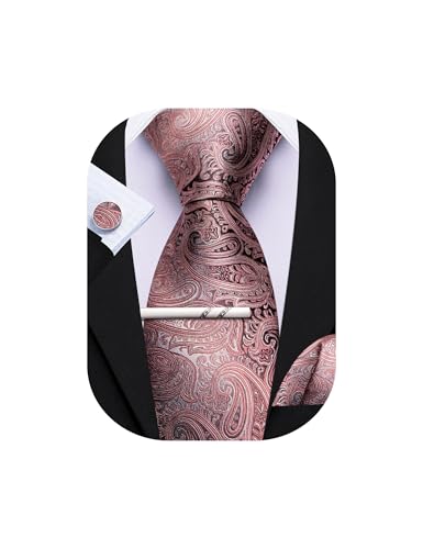Barry.Wang Paisley-Krawatte mit Krawattenklammer für Herren, Seidenkrawatte, Einstecktuch, Manschettenknöpfe, Set, formelle Hochzeit, Party, Business, Pink Grau,...