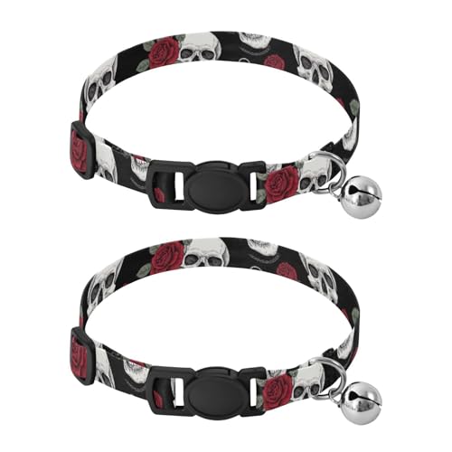 Lot de 2 colliers pour petit chien avec clochette et têtes de mort blanches et roses rouges Longueur réglable 26,9 cm à 43,4 cm