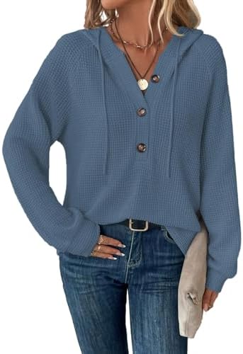Tanmolo Hoodie Damen Kapuzenpullover Pullover Langarm | Waffelstoff, Knopfleiste, Leichtes Sweatshirt, Übergangszeit, Alltag und Freizeit