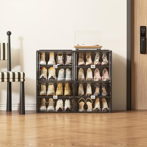 Image of Vipbox Black Shoe Rack Organizer Cabinet for Closet Entryway,Clear Shoe Storage Boxes Stackable Sneaker Storage with Door Easy Assembly Shoe Cabinet with Lids Large 4 Tiers 16 Pairs