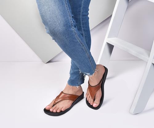 Image of AEROTHOTIC Comfy Arch Support Flip Flops for Women Open Toe Stylish Faux Leather Cushioned Strap with Non-Slip Sole & Comfortable Footbed Indoor and Outdoor Sandals