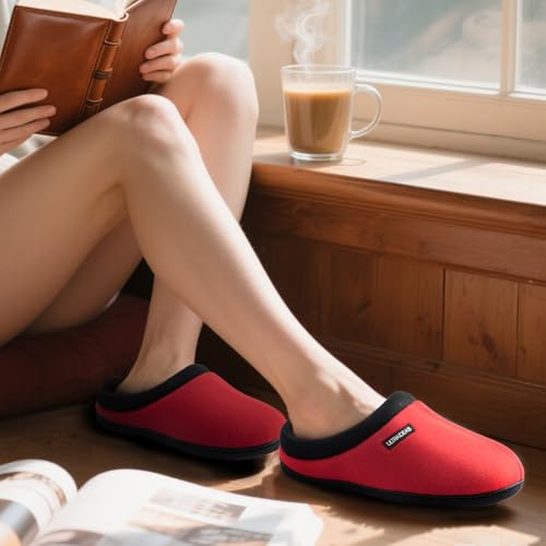 ULTRAIDEAS Women's Cozy Fleece-Lined Memory Foam Slippers with Anti-Slip Rubber Sole for Indoor/Outdoor (Fiery Red, Size 5-6)3