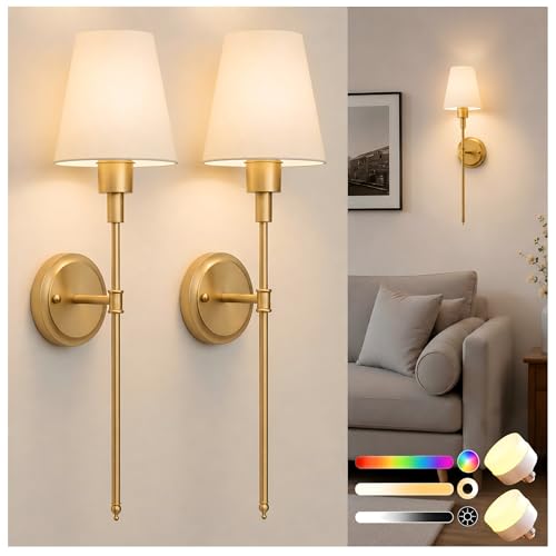 Image of DORESshop Battery Operated Wall Sconce: Set of 2 Wireless Wall Light 12000mAh, 15 Color Rechargeable Wall Sconces, Sconce Wall Decor Set of 2 for Bedroom, Living Room, Gold, 24.6in