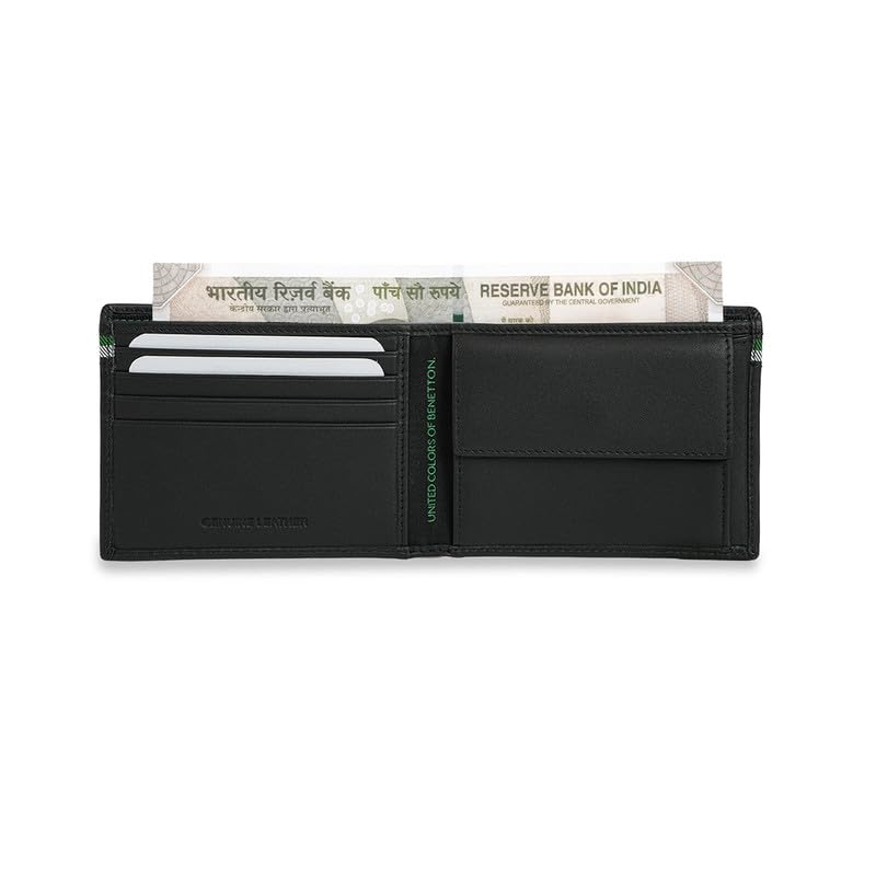 Image of United Colors of Benetton Men's Global Coin Wallet Wiltshire | Black Leather with Signature Tape Inlay | Small Bi-Fold with Coin Pocket | Stylish Purse