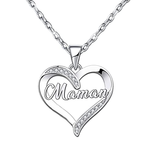 ZYMGUO Cadeau Maman,Collier Femme Gravé en Pendentif Cœur Bijoux Cadeau Original pour Maman,Cadeaux Fête des mères pour Maman (maman1) (silver)