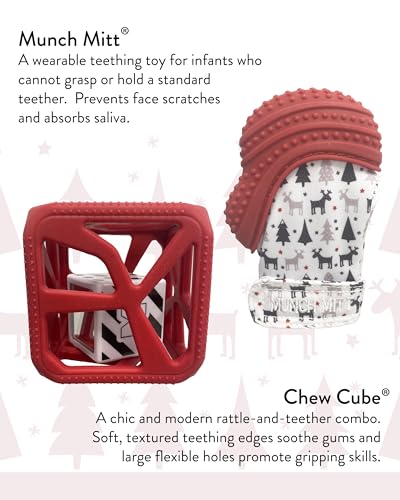 Image of Malarkey Kids Holiday Gift Pack: Munch Mitt and Chew Cube Duo - Perfect Teething Treats for Babies and Toddlers - Red