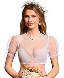 DIRNDLSTERN Bluse Damen Weiß – Dirndlbluse Transparent mit Punkten Puffärmel Trachtenbluse Kurzarm für Oktoberfest & Bayerische 38