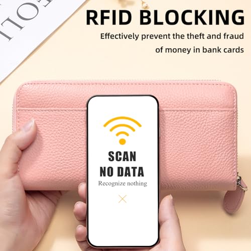 Image of RFID Blocking Womens Zipper Wallet Leather Large Capacity Billfold Clutch Zip Around Wallets for Women