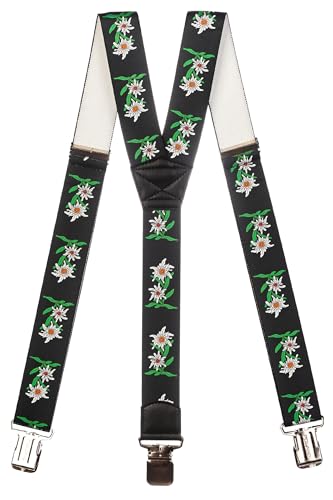 Olata Heavy Duty Herren-Hosenträger Y-Form mit Edelweiß Muster – 4 cm. Schwarz