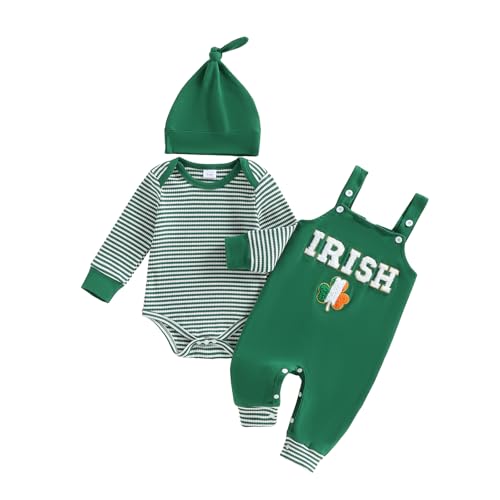 DNOMAID YZARC Newborn Baby Boy St Patricks Day Outfit Stripe Long Sleeve Romper Embroidery Overall Pants Hat Set 3Pcs Clothes (Green Irish, 3-6 Months)