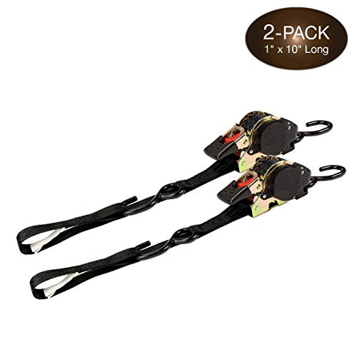 2 Auto Retract NO-RATCHETING Ratchet Straps w/Soft Loop | 1" x 10' SELF-CONTAINED Compact Cargo Strap Tiedowns for Motorcycles, ATVs, Bikes: Tight & Secure Pickup Trailer Tie-Down