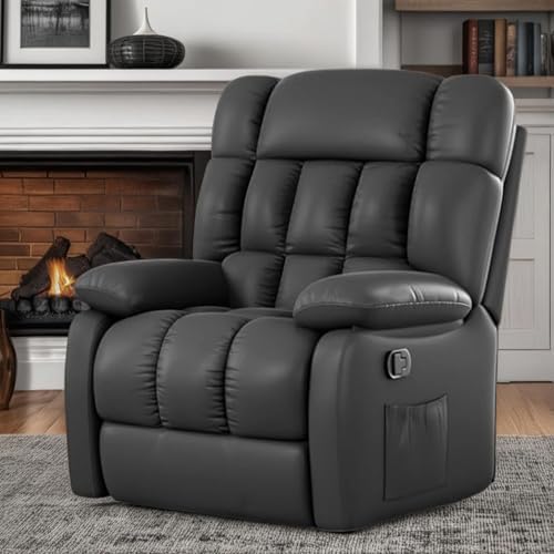 Image of Oversized Recliner Chair, Leather Adjustable Recliner with Side Pockets, Living Room Reclining Lounge Chair for Adults, Small Spaces Comfy Sofa with Theater Seating for Bedroom, Black
