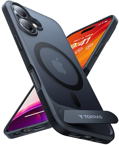 Image of TORRAS Strong Magnetic & Seamless Stand Case for iPhone 16, Military-Grade Drop Protection, Adjustable Kickstand, Slim Anti-Scratch Frosted Matte Black