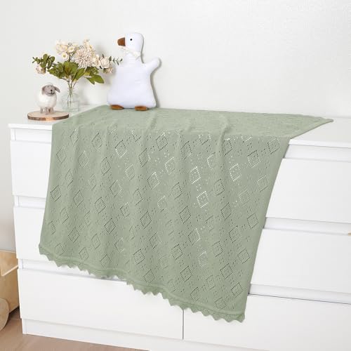 Image of mimixiong Baby Swaddle Blanket 100% Cotton Gender Neutral Pointelle Receiving Blanket for Boys Girls Cuddle Stroller Crib Blanket (Sage Green)